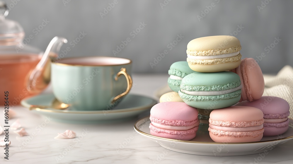 Obraz premium Pastel Macarons and Tea: Elegant Afternoon Tea Scene, Delicious Pastry, Gourmet Dessert, Teacup, Sweet Treat, Bakery, Culinary Photography