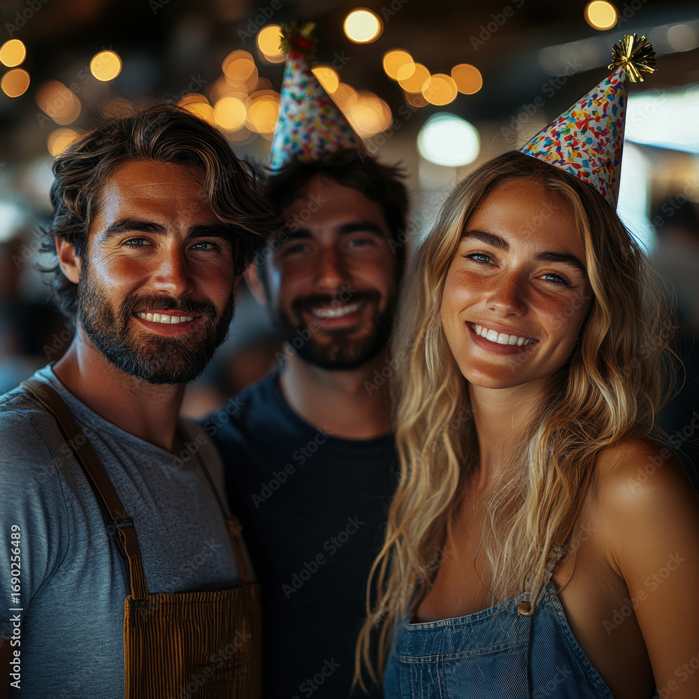 Obraz premium Man and woman smiling in party hats.