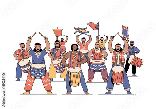 Group of people in colorful outfits playing drums and holding flags. Great for cultural events, music festivals, or vibrant celebrations.