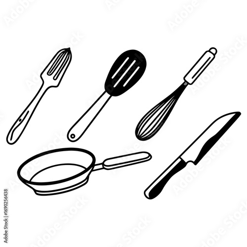 Hand drawn kitchen utensils, including a whisk, spatula, knife and frying pan
