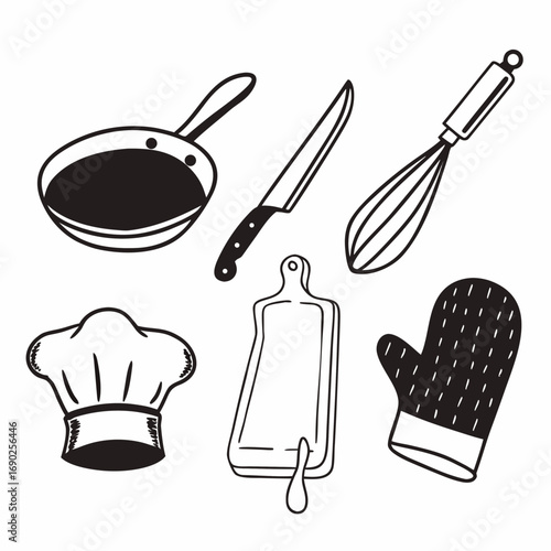 Hand drawn kitchen tools, including a pan, knife, whisk, hat and oven mitt