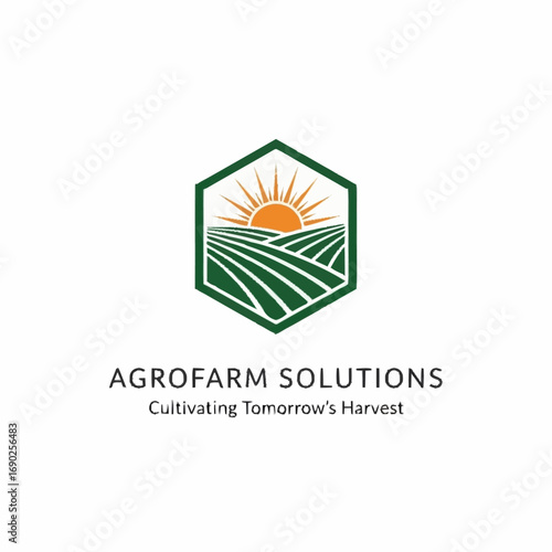 Logo for Agrofarm Solutions featuring a rising sun over green, rolling fields, enclosed in a green hexagon, with the tagline 'Cultivating Tomorrow's Harvest'.