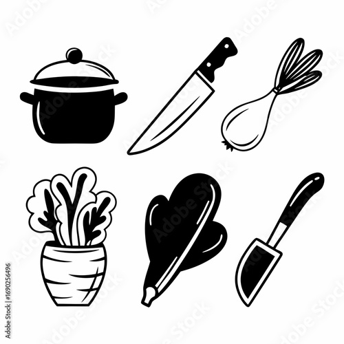 Kitchen tools, including a pot, knife, onion, plant, and oven mitt