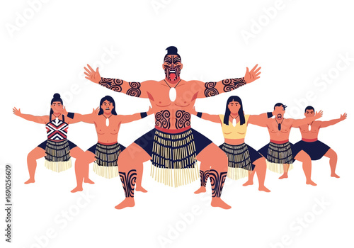 Mori group performs a traditional haka dance, conveying powerful cultural performance suitable for websites, presentations, or promotion related to culture.