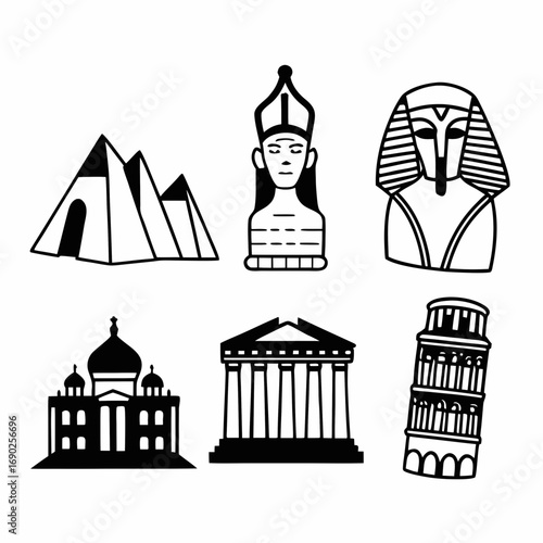 Famous landmarks and historical monuments in black and white