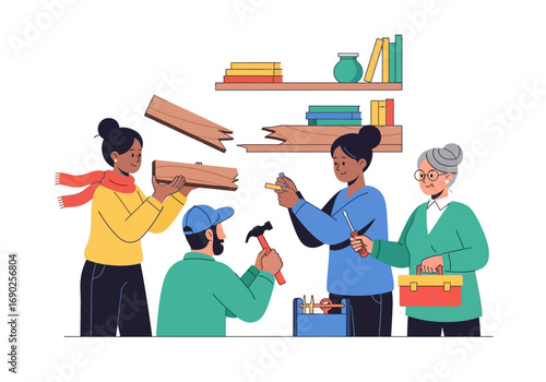 Diverse group repairs a broken bookshelf with wood and tools together. 