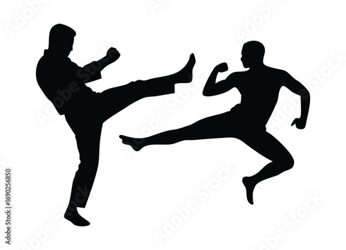 Dynamic silhouette of two martial artists performing kicks during combat training