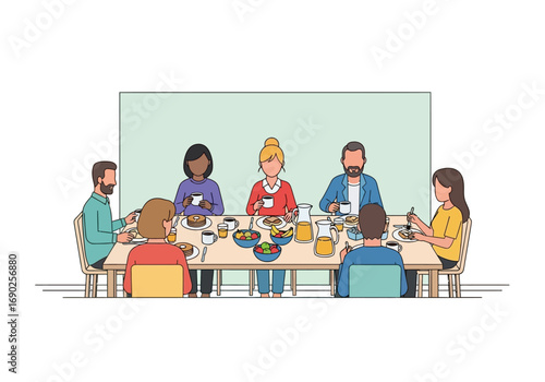 Group of people enjoying meal together, friends dining, family eating out, restaurant scene, communal eating, group gathering socialize.