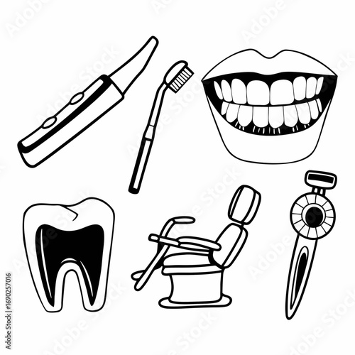 Dental hygiene tools and equipment in a simple line drawing style