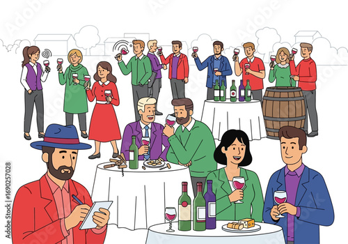 People enjoying a wine tasting event outdoors, socializing and tasting various wines together. Perfect for winerelated advertisements and promotional materials.