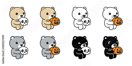 Bear vector halloween pumpkin jack o lantern skull polar bear sitting icon teddy cartoon character doodle logo illustration symbol design