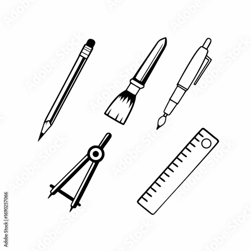 Illustration of drafting and drawing tools, including a pencil, pen, ruler, compass, and brush