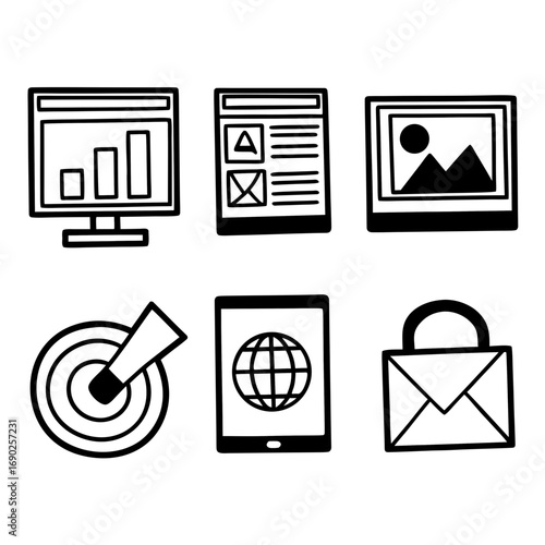 Illustration of data analysis, marketing strategy, and communication tools