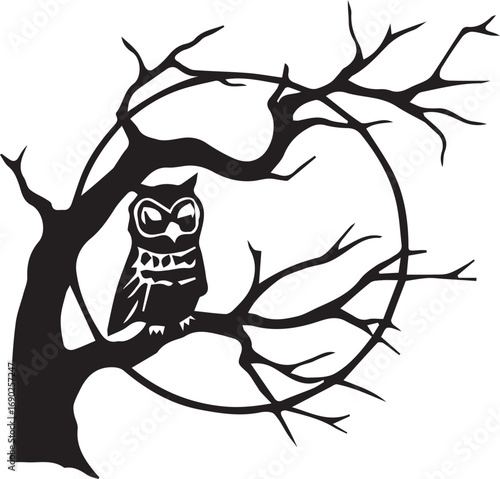 Owl perched on tree branch, black and white silhouette, circular design, vector art.