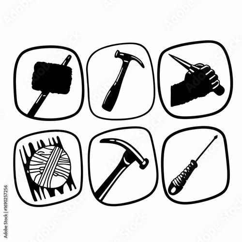Hand tools vector illustration hammer, screwdriver, mallet, awl, yarn