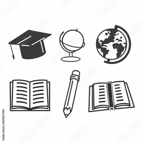 Education and learning icons featuring a graduation cap, globe, book, and pencil