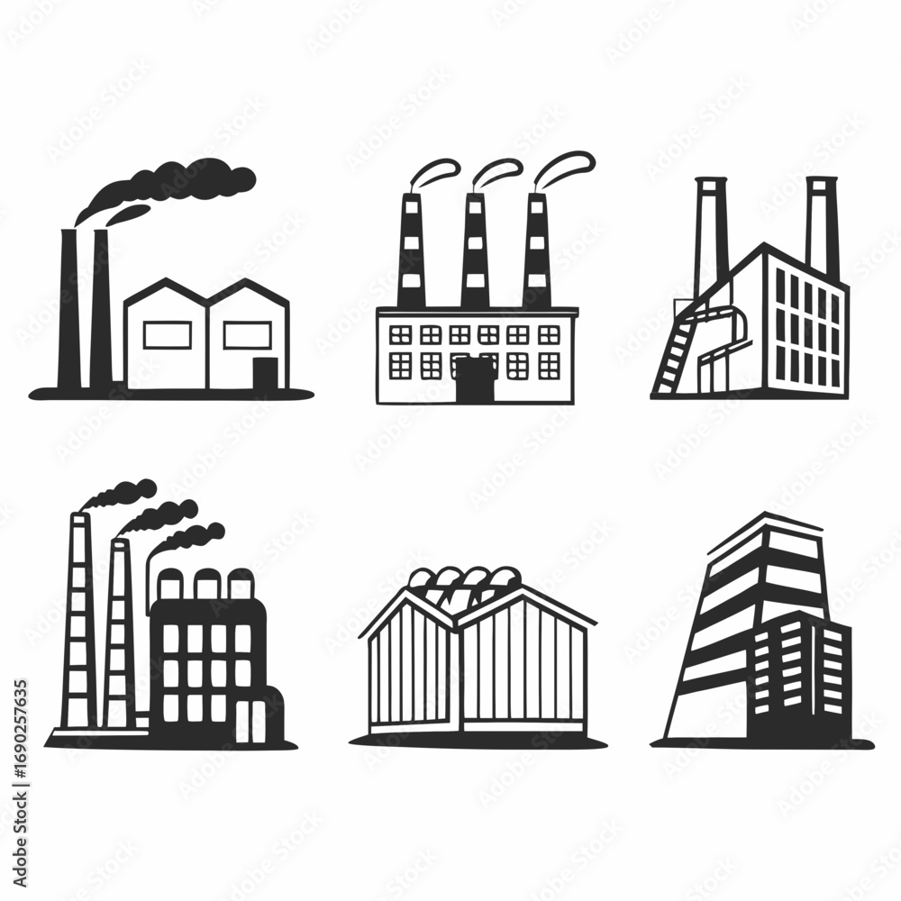 Fototapeta premium Illustration set of factory and industrial buildings