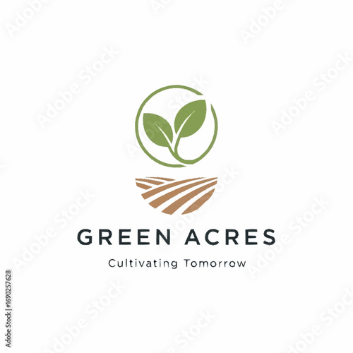 Green Acres logo, featuring two leaves in a circle, over stylized farm fields, with the words "GREEN ACRES" and "Cultivating Tomorrow" below.