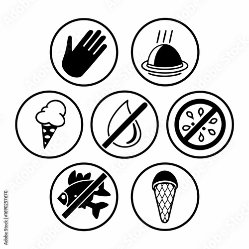 Hand drawn prohibition signs for food and safety restrictions and warnings