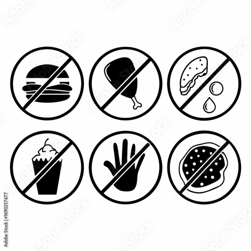Illustration of unhealthy food items crossed out in circles, concept of healthy eating