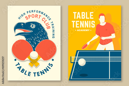 Set of Table tennis poster, banner, magazine template with ping pong rackets, ball, falcon bird, sports man athlete playing tennis. Vector.