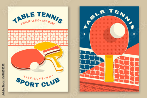 Set of Table tennis poster, banner, magazine template with table, ping pong rackets, ball. Vector.