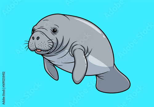 Adorable manatee cartoon vector illustration. A cute sea cow, an endangered aquatic mammal, isolated on a simple blue background for design