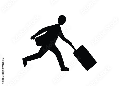 Running businessman with rolling suitcase and shoulder bag traveling quickly for appointment