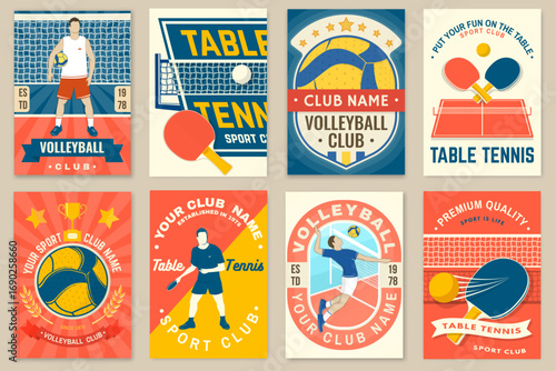 Set of table tennis and volleyball sport club poster, banner, magazine template with volleyball ball, player, ping pong, table tennis rackets. Vector.