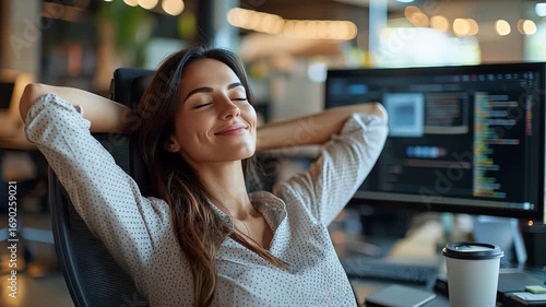 A stylish woman reclines in her office chair amidst a modern workspace taking break, enjoying a relaxing moment. The setting has technology, suggesting a balance between work and personal relaxation.