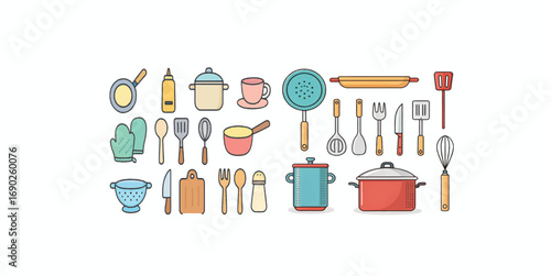 Print  Cute Flat Style Vector of Everyday Kitchen Utensils and Cookware – Minimalist Icons on White Background