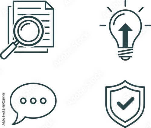 Four abstract white icons representing search idea communication and security on a dark backdrop vector