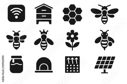 Solar honey bee icon smart vector apiary drone worker panel beehive jar