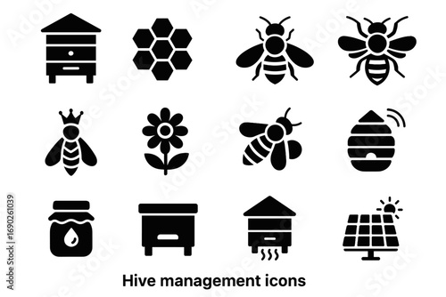 Hive tunnel basket queen ventilation pollen icon honeycomb solar set vector beehive