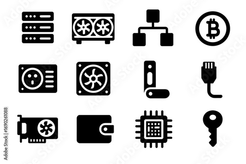 Cooling vector rack server cable icon key fan ledger rig coin crypto