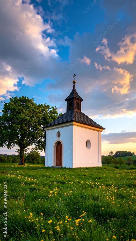 Fototapeta premium Small chapel in a field at sunset