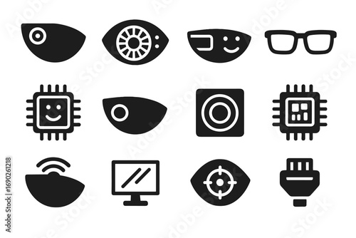Vector transmitter facial microcamera icon futuristic detector chip smart display icons connector