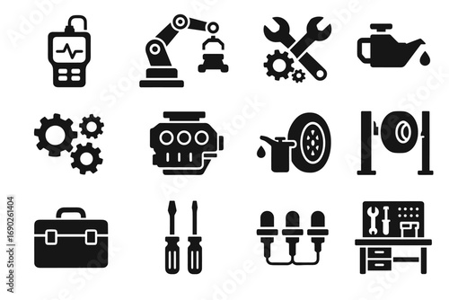 Tire vector engine block mechanic sensors robotic icon system can diagnostic