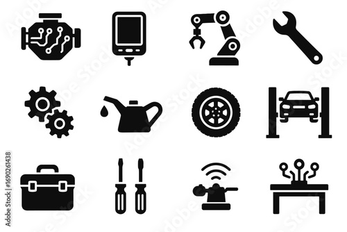 Diagnostic mechanic sensors scanner gear oil icon arm block ai vector futuristic