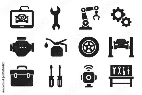 Ai auto robotic workbench mechanic vector sensors engine hydraulic oil block icon