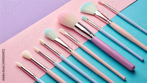 A set of makeup brushes is arranged neatly on a background of alternating pink and blue sections. The brushes vary in size and shape, showcasing soft pastel hues and metallic handles.AI generated.