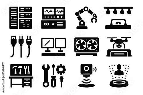 Workbench sensors station monitors cables racks led vector tech icon units grid