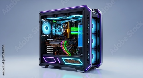 High end gaming PC with vibrant RGB lighting and liquid cooling