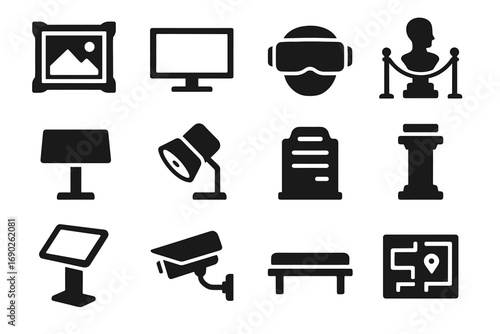 Tech gallery vr sculpture panel icon vector headset virtual information frame display