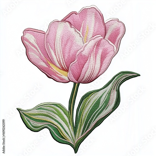 Pink tulip blossom flower with leaves patch embroidery sewing cloth, isolated white