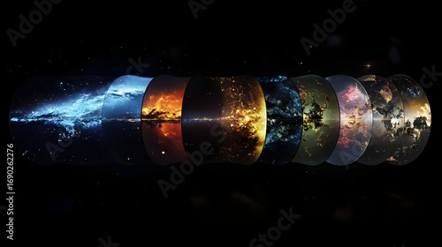 Multiple universe layers showing different cosmic scenes and celestial bodies in a conceptual art piece