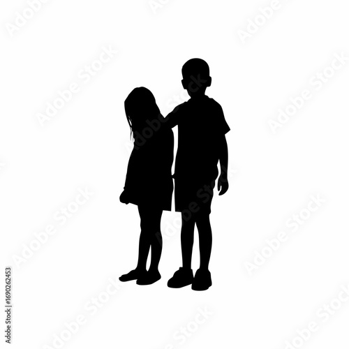Silhouette of a boy comforting his crying sister isolated on white background
