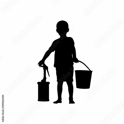 Silhouette of a boy collecting water in a bucket from a pump isolated on white background
