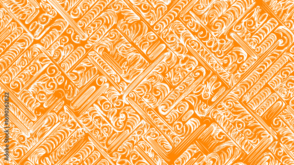 Fototapeta premium Orange and white seamless pattern texture of old wood. Decorative retro ornament background.