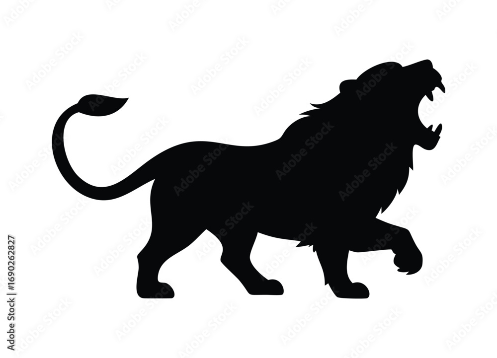 Obraz premium Majestic lion silhouette roaring with mouth open powerful wild animal